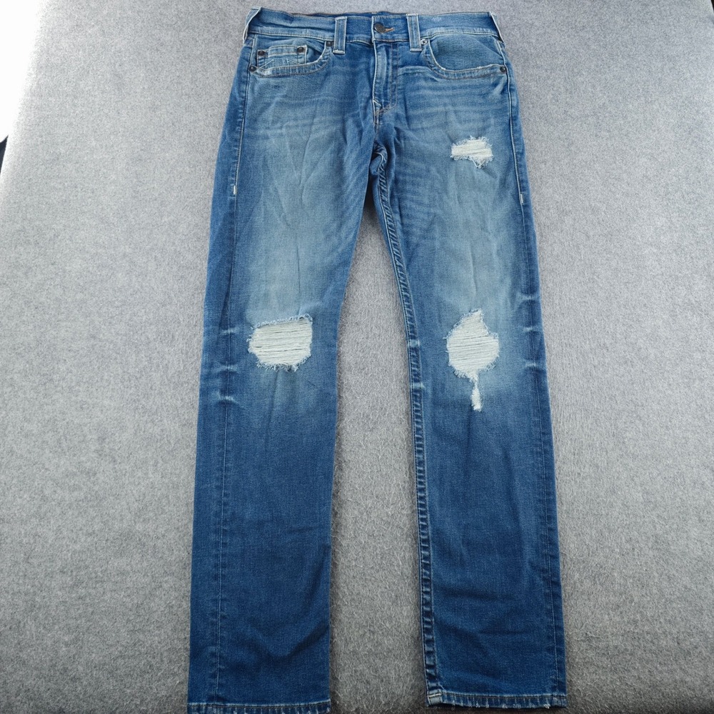 True Religion Rocco Relaxed Skinny Jeans Mens 33 Blue Distressed Denim Slim Fit